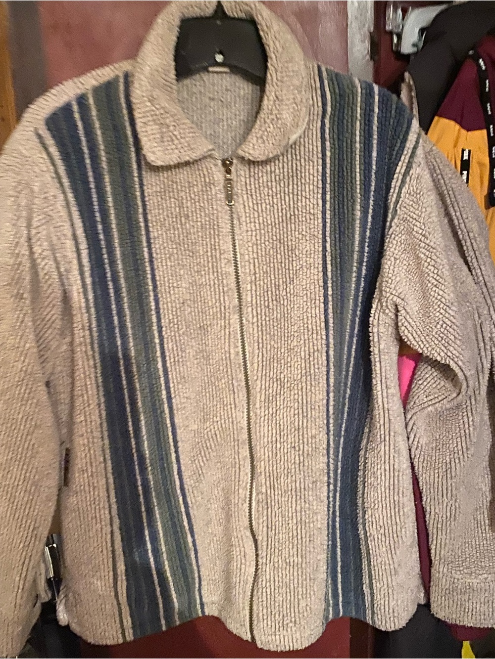 Women’s Full-Zip Ribbed Sweater Jacket - Beige with Blue Stripes